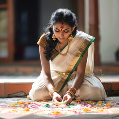 Beautiful young south indian woman in white saree making rangoli in front of home looking from camera and smiling celebrating onam festival