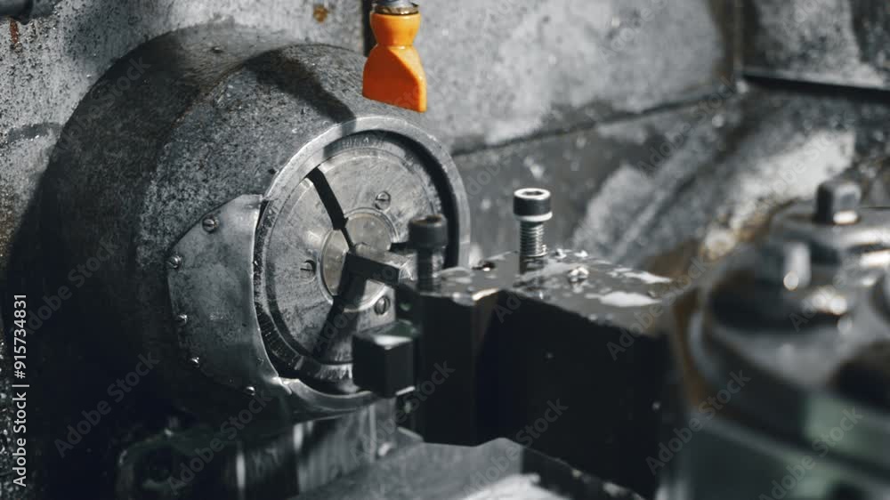 Poster close-up of industrial cnc machine processing a cylindrical metal part with high precision. automate