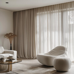 Capturing the unique blend of functionality and style in a living room adorned with dimout curtains and minimalist scandinavian furniture. 