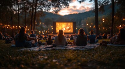 A group of people are sitting on a grassy field watching a movie
