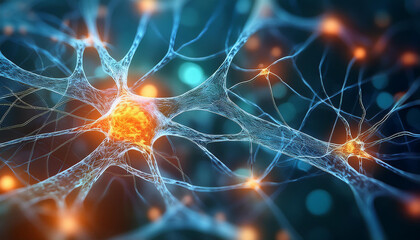 Neurons connecting and firing in neural network. Science concept.