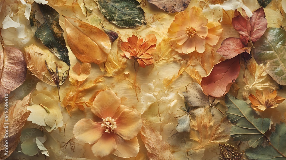 Poster dried flowers and leaves arranged on a tan background