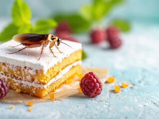 A cockroach traverses a delicate layer cake, a stark contrast between culinary art and unwelcome pest intrusion.
