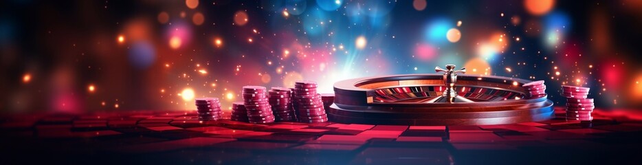 Online gaming business, casino, poker. Flying, levitating chips against the background of a poker table, money and chips. Creative light. Background for the casino gaming business.