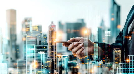 A businessman in a suit uses a digital device while standing in front of a cityscape. The image features a blurred background of tall buildings with digital overlays - Generative AI