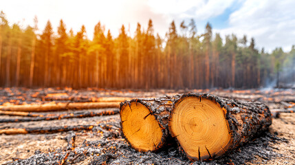 A serene forest landscape showing cut logs amidst a beautifully lit background, highlighting nature and environmental change.