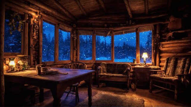 Cozy Log Cabin Interior on a Snowy Winter Night: Warm Glow Illuminates Rustic Furniture and Inviting Space, Offering a Serene Escape in the Heart of Winter.