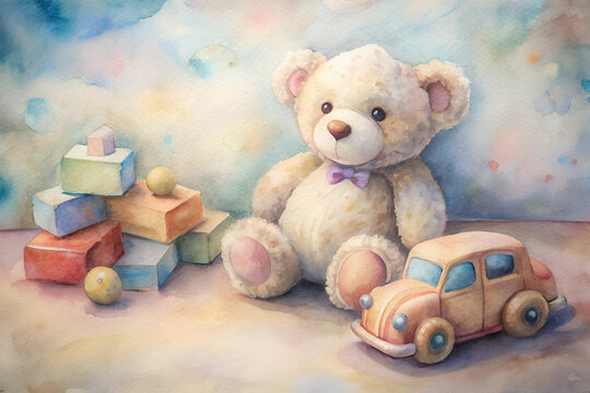 A teddy bear is sitting on a table next to a toy car and blocks. The scene is colorful and playful, with the teddy bear and car adding a sense of warmth and comfort to the room. The blocks