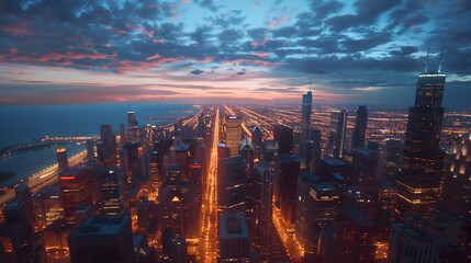 Obraz premium City skyline wide shot at night with light trails symbolizing advanced technology urban transport