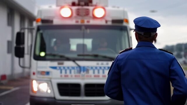 Paramedic in Uniform Running Towards Ambulance with Flashing Lights, Seen from Behind
