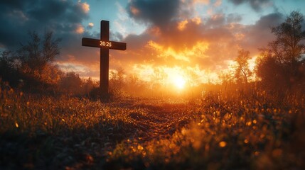 A cross with the number 23 on it is in a field with a sunset in the background