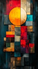 Abstract Geometric pattern of painted wood shapes in warm and cool tones