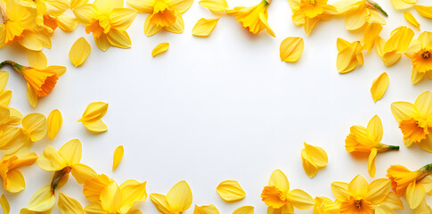 Yellow daffodils frame border on white background with copy frame for text	