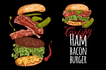 Vector line art hand drawn&colored burger with bacon, pickles, lettuce, bacon, bread for menu design of a restaurant or pub. Ingredients are grouped separately. Flying separate ingredients.