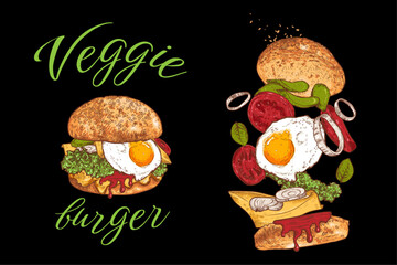 Veggie burger vector line art hand drawn&colored. Burger with tomatoes, pickles, basil, lettuce, onion, vegan meat, egg. Ingredients are grouped separate. Flying separate ingredients.