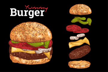 Vector yummy burger line art hand drawn and colored with pickles, tomatoes, cheese, onions, mayo, ketchup, bread bun and meat. Ingredients are grouped separate. Flying separate ingredients.