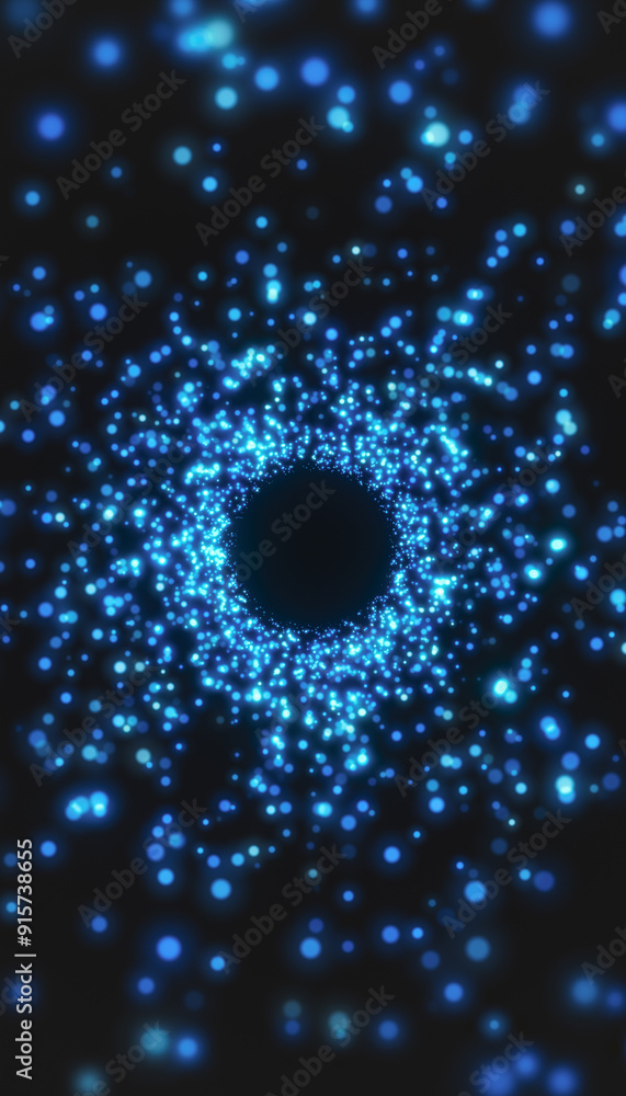 Poster vertical illustation of blue particles in a tunnel on a dark background - abstract background.