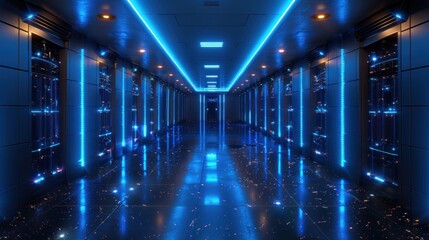High-tech server room with blue neon lighting