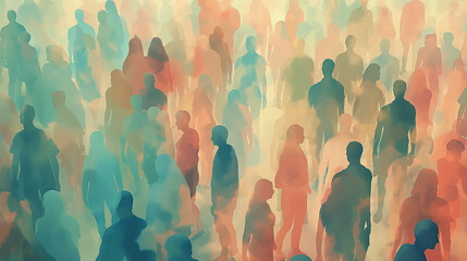A colorful illustration of a diverse crowd of people viewed from behind, highlighting variety in appearance, style, and individuality within a large group, emphasizing diversity and unity