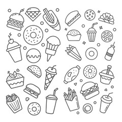 Fast food and drink outline icons doodle
