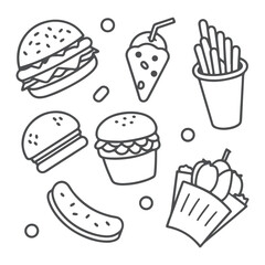 Fast food and drink outline icons doodle