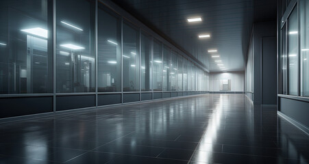 Obraz premium Office building interior with long hall and doors. Empty office corridor with lamps and glass decorations.
