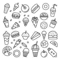 Fast food and drink outline icons doodle