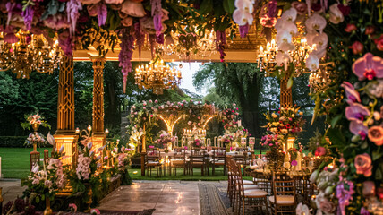 Obraz premium Grand wedding decoration in the country manor, floral decor and event celebration, flowers, wedding aisle and tablescape in the garden, English countryside style idea