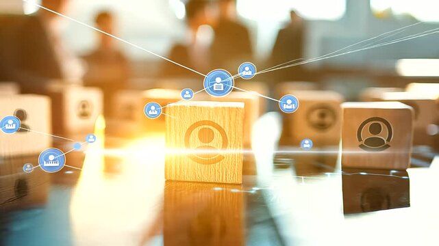 AI-powered customer service strategy session, featuring a wooden block with a target icon connected to human icons, highlighting development goals