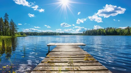 Traditional Finnish View: Beautiful Summer Day at Lake with Wooden Dock