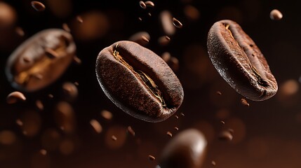 Fototapeta premium Close-up of Roasted Coffee Beans Falling in Slow Motion