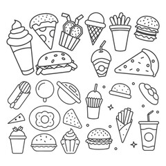 Fast food and drink outline icons doodle