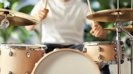 Fototapeta premium A close-up of a drummer playing a light-colored drum set, showcasing energy and rhythm in a vibrant setting.