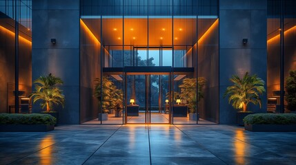 Fototapeta premium A contemporary glass building entrance with potted plants and warm lighting at dusk, showcasing modern architecture and a sophisticated corporate environment