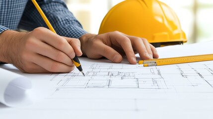 Close-up of hands sketching architectural plans with a pencil, showcasing precision in construction and design work with tools.