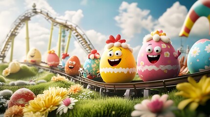 Smiling Easter Eggs Ride a Rollercoaster