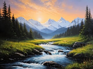 Serene Mountain Alpine Stream Picturesque Snow Capped Mountains Wall Art Print Artwork Green Forest Pine Trees Wilderness Camping Remote Lake Reflection Sunrise Pink Clouds Oil Painting