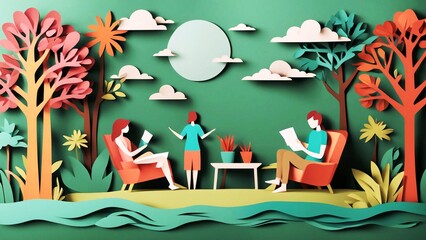 People in paper style relax and walk