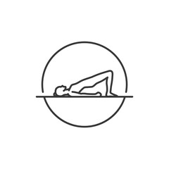 Yoga Pose Icon in circle. Line Woman of bridge position. Pilates Movement Symbol. Woman Gymnastic Signature. Sport Warm Up Graphic Resource. Stretching Exercise, Yoga Pilates Studio Logo. Spa lounge