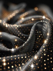 Glistening fabric swirls with golden sparkles against a dark backdrop