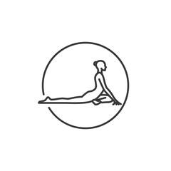Yoga Pose Icon. Line Woman of pigeon in circle. Pilates Movement Symbol. Woman Gymnastic Signature. Exercise Sport Warm Up Graphic Resource. Stretching Exercise, Yoga Pilates Studio Logo. Spa lounge.