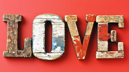 Vintage Wooden Letters Forming the Word LOVE on Red Background