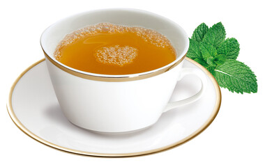 xícara com chá de hortelã acompanhado de folha de hortelã natural isolado em fundo transparente