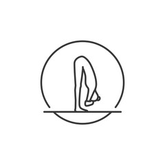 Yoga Pose Icon. Line Woman of forward fold in circle. Pilates Movement Symbol. Woman Gymnastic Signature. Sport Warm Up Graphic Resource. Stretching Exercise, Yoga Pilates Studio Logo. Spa lounge