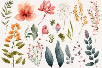 Watercolor floral illustrations of leaves and flowers.