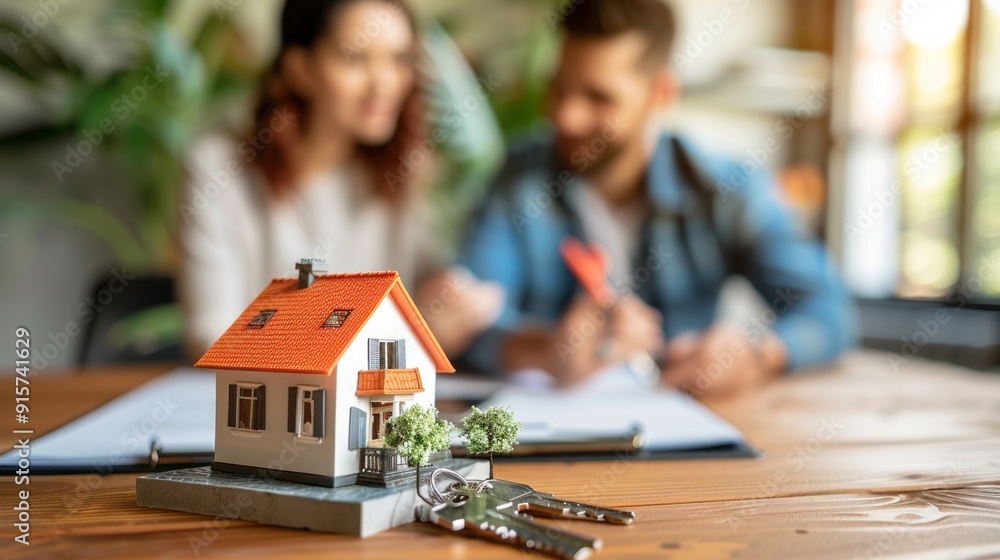 Poster A couple is sitting at a table with a model house and a key on it