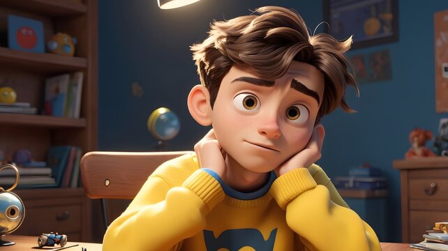 3D cartoon character of a teenage boy in a yellow sweater, with a perplexed expression, scratching his head with a puzzled look focusing on the character's bewildered expression