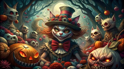 Happy Halloween pumpkins bats, ghosts, spiders on background AI generated