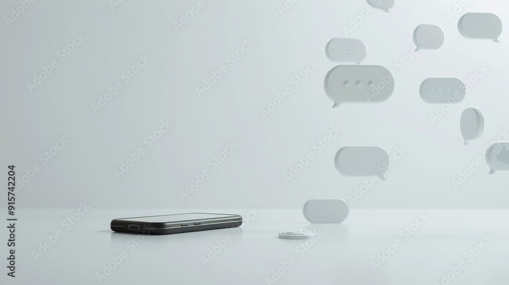 Poster smartphone with group chat invitations on table - modern communication concept