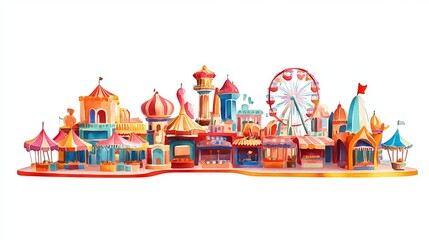 Obraz premium Vibrant 3D Watercolor Dussehra Fair Scene with Rides & Food Stalls